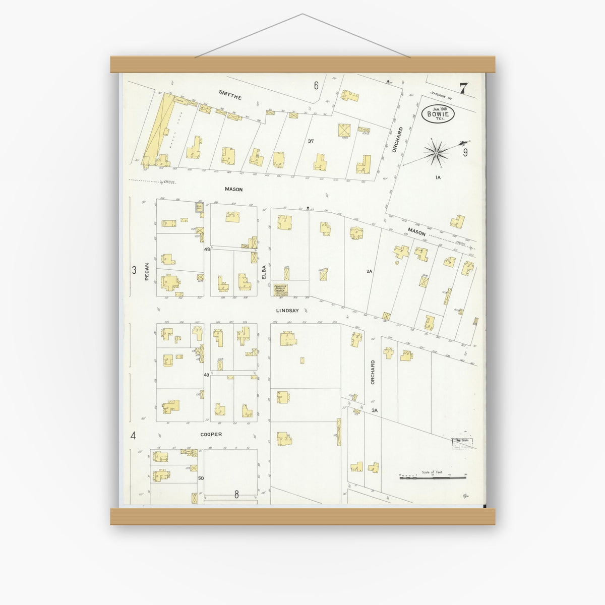 Old map wall art mockup — magnetic wood frame on white wall — Sanborn Fire Insurance Map from Bowie, Montague County, Texas (1908), Sheet #0007