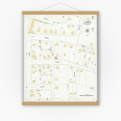 Old map wall art mockup — magnetic wood frame on white wall — Sanborn Fire Insurance Map from Bowie, Montague County, Texas (1908), Sheet #0007