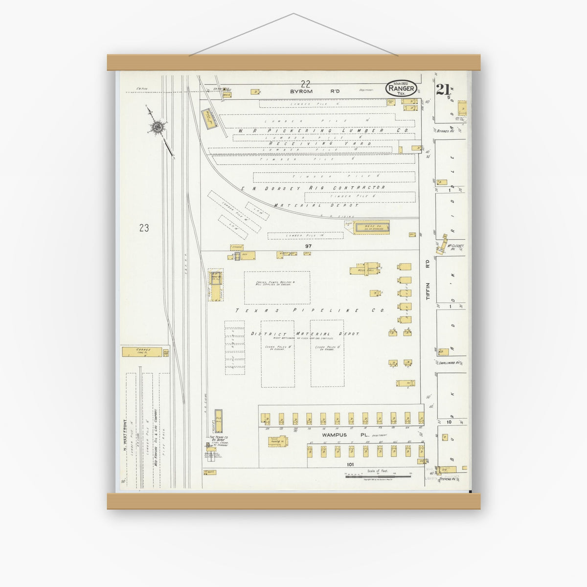 Old map wall art mockup — magnetic wood frame on white wall — Sanborn Fire Insurance Map from Ranger, Eastland County, Texas (1920), Sheet #0021