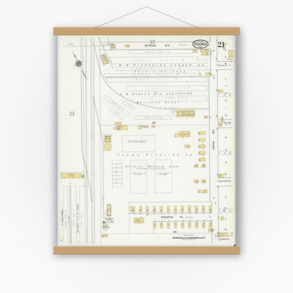 Old map wall art mockup — magnetic wood frame on white wall — Sanborn Fire Insurance Map from Ranger, Eastland County, Texas (1920), Sheet #0021