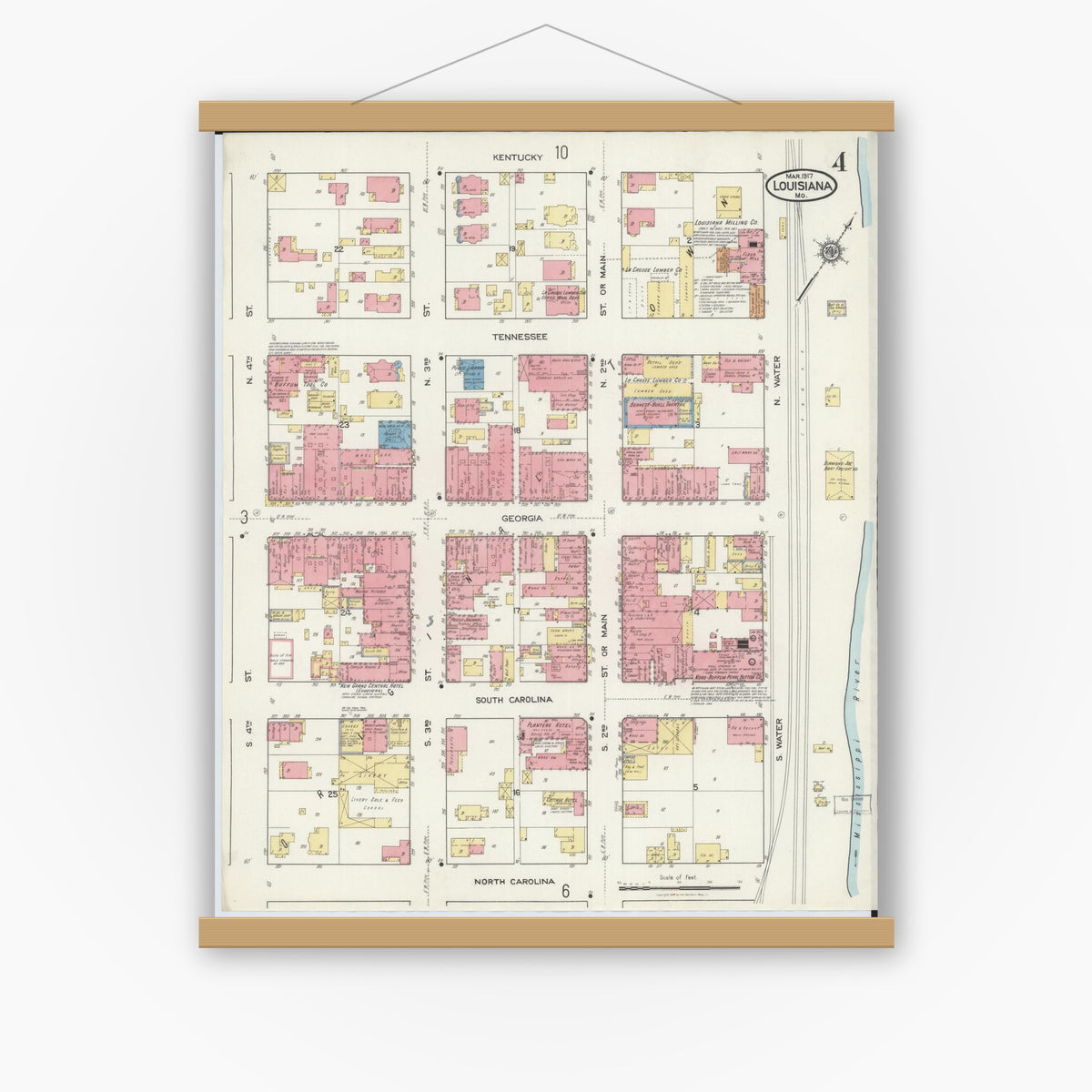 Old map wall art mockup — magnetic wood frame on white wall — Sanborn Fire Insurance Map from Louisiana, Pike County, Missouri (1917), Sheet #0004