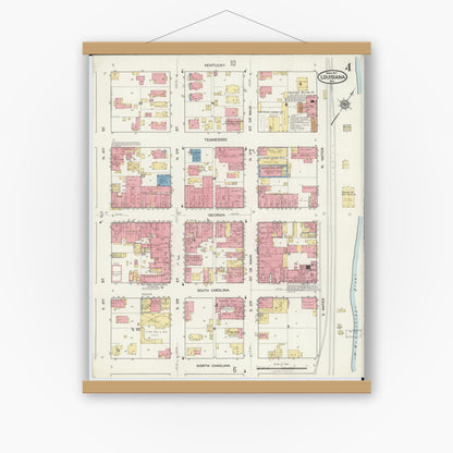 Old map wall art mockup — magnetic wood frame on white wall — Sanborn Fire Insurance Map from Louisiana, Pike County, Missouri (1917), Sheet #0004