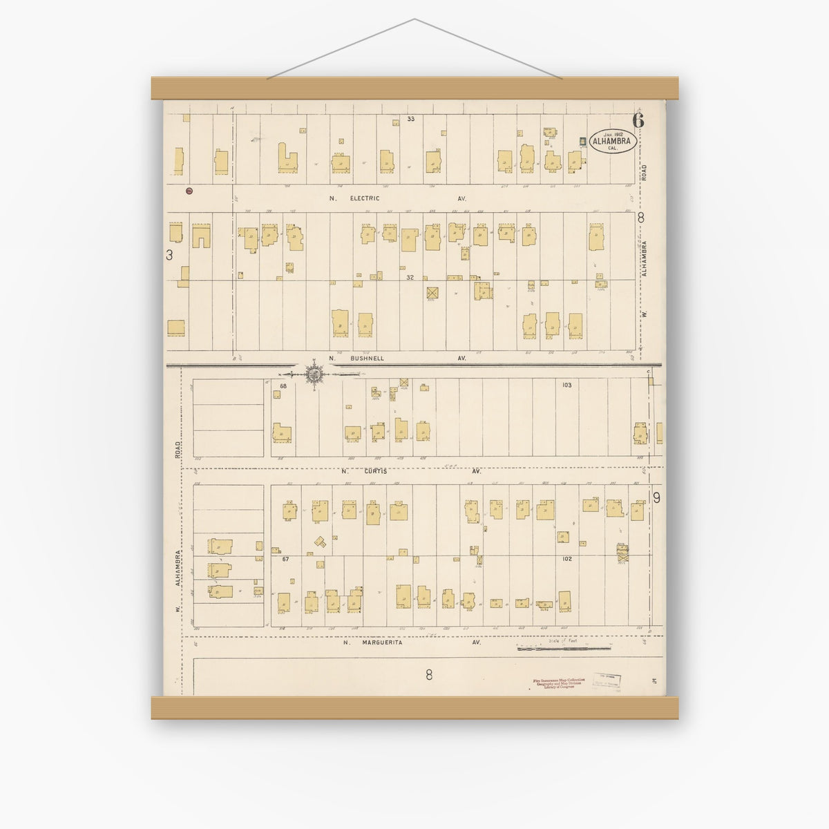 Old map wall art mockup — magnetic wood frame on white wall — Sanborn Fire Insurance Map from Alhambra, Los Angeles County, California (1912), Sheet #0006
