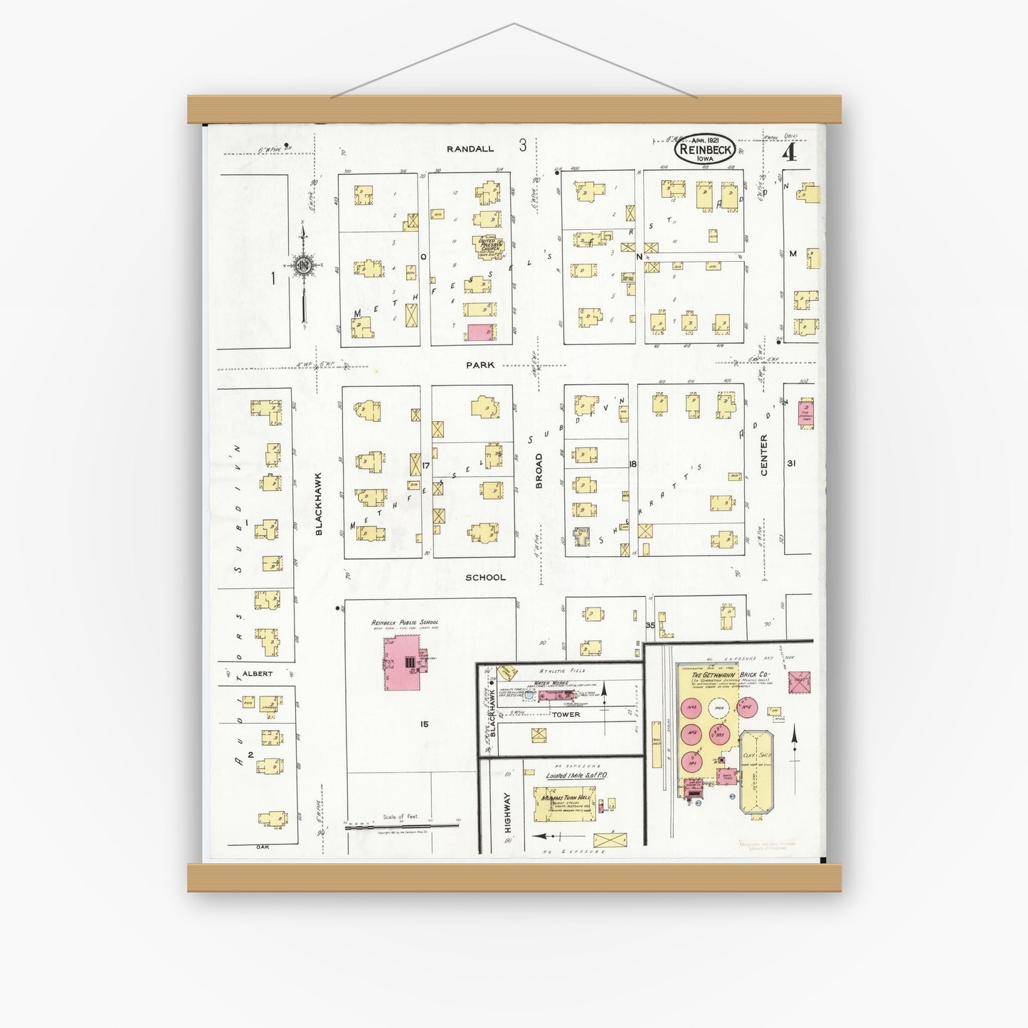 Old map wall art mockup — magnetic wood frame on white wall — Sanborn Fire Insurance Map from Reinbeck, Grundy County, Iowa (1921), Sheet #0004
