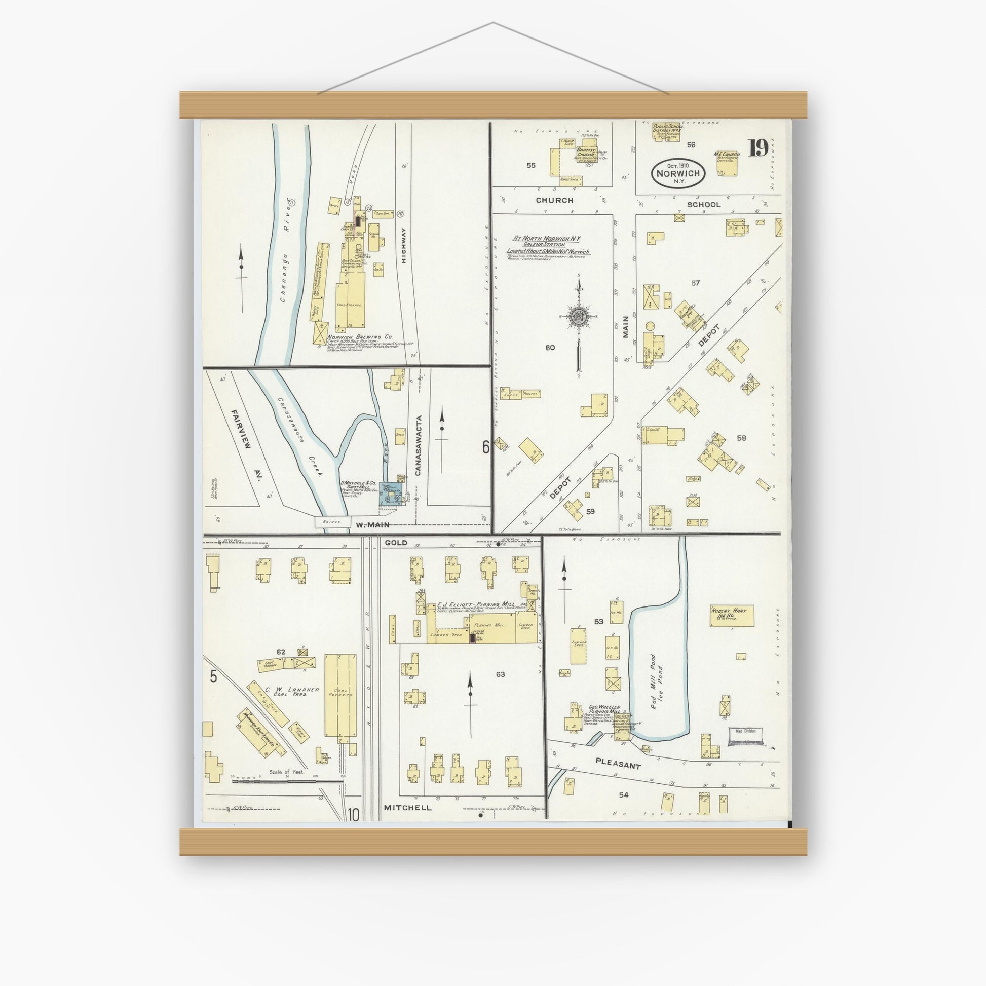 Old map wall art mockup — magnetic wood frame on white wall — Sanborn Fire Insurance Map from Norwich, Chenango County, New York (1910), Sheet #0019