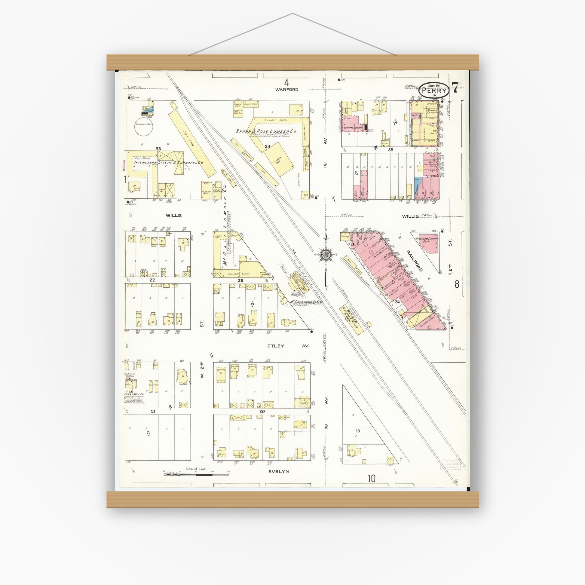 Old map wall art mockup — magnetic wood frame on white wall — Sanborn Fire Insurance Map from Perry, Dallas County, Iowa (1911), Sheet #0007