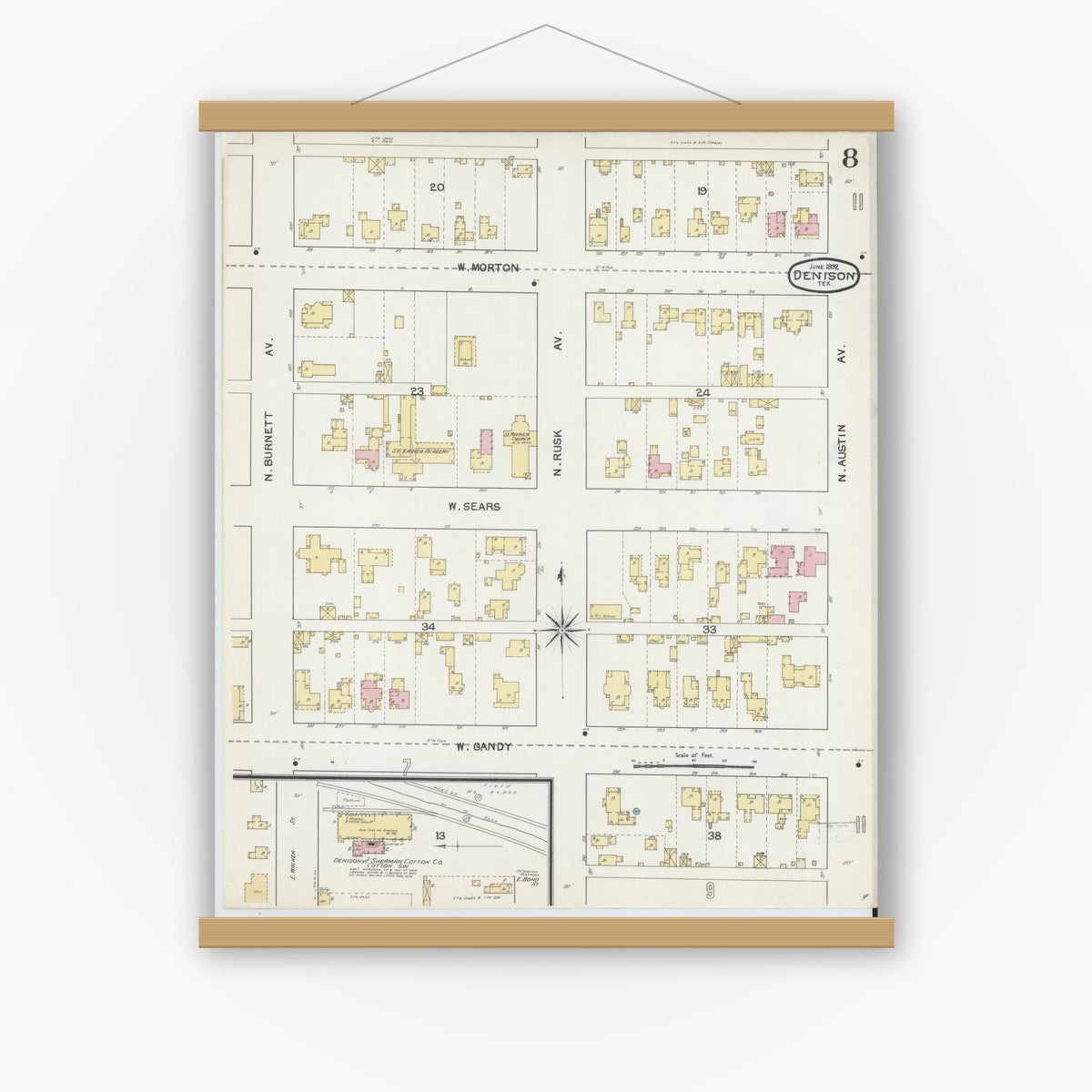 Old map wall art mockup — magnetic wood frame on white wall — Sanborn Fire Insurance Map from Denison, Grayson County, Texas (1892), Sheet #0008
