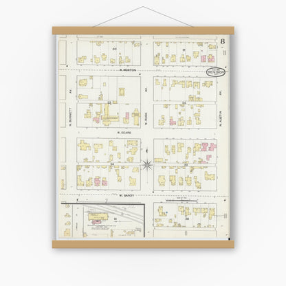 Old map wall art mockup — magnetic wood frame on white wall — Sanborn Fire Insurance Map from Denison, Grayson County, Texas (1892), Sheet #0008