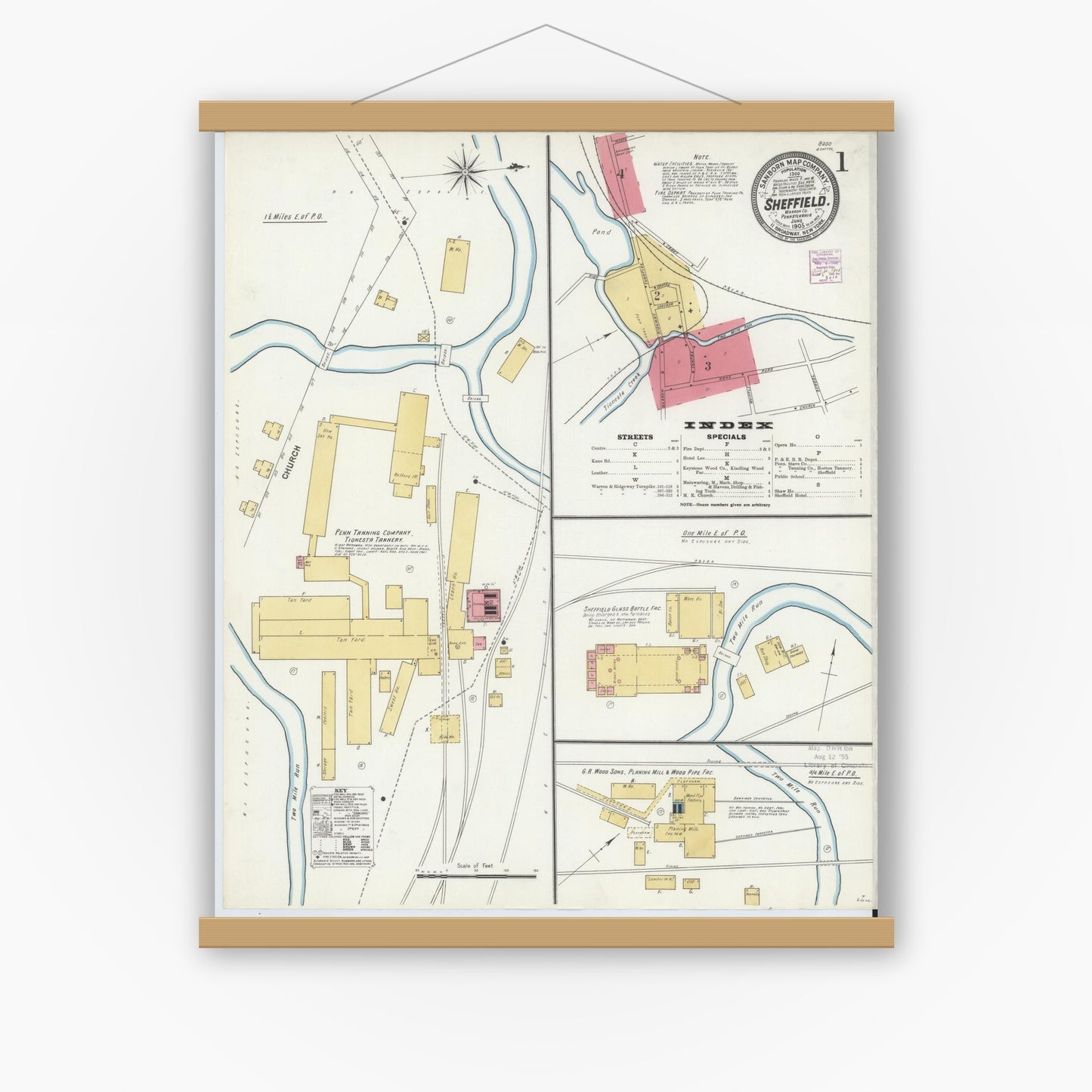 Old map wall art mockup — magnetic wood frame on white wall — Sanborn Fire Insurance Map from Sheffield, Warren County, Pennsylvania (1905) - Complete Map Set