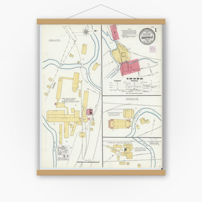 Old map wall art mockup — magnetic wood frame on white wall — Sanborn Fire Insurance Map from Sheffield, Warren County, Pennsylvania (1905) - Complete Map Set