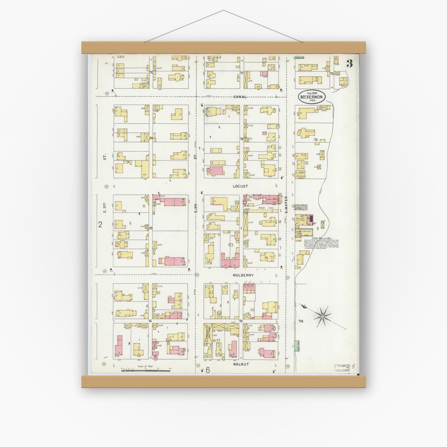 Old map wall art mockup — magnetic wood frame on white wall — Sanborn Fire Insurance Map from Mount Vernon, Posey County, Indiana (1899), Sheet #0003