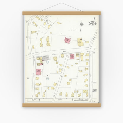 Old map wall art mockup — magnetic wood frame on white wall — Sanborn Fire Insurance Map from Spencer, Worcester County, Massachusetts (1912), Sheet #0008