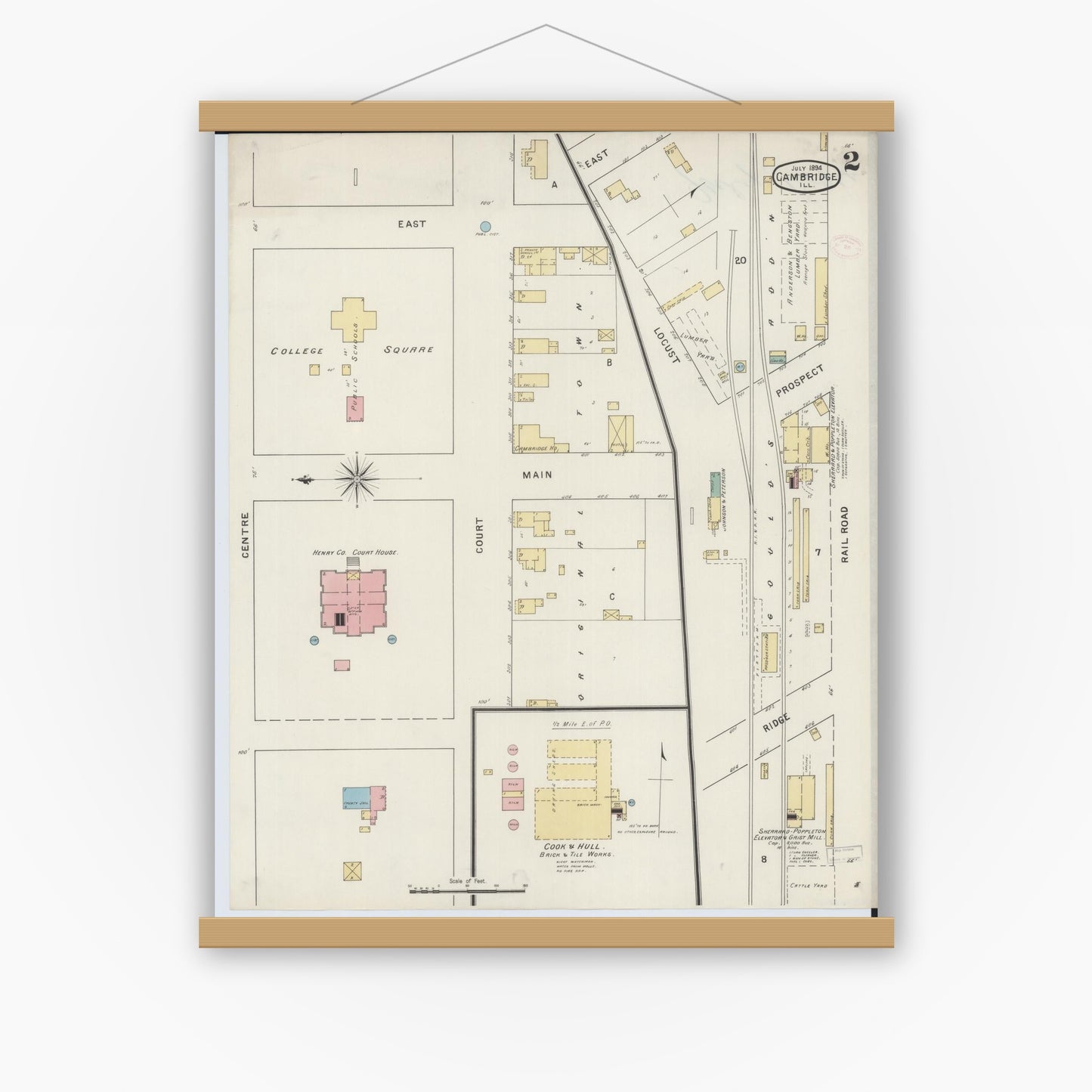 Old map wall art mockup — magnetic wood frame on white wall — Sanborn Fire Insurance Map from Cambridge, Henry County, Illinois (1894), Sheet #0002