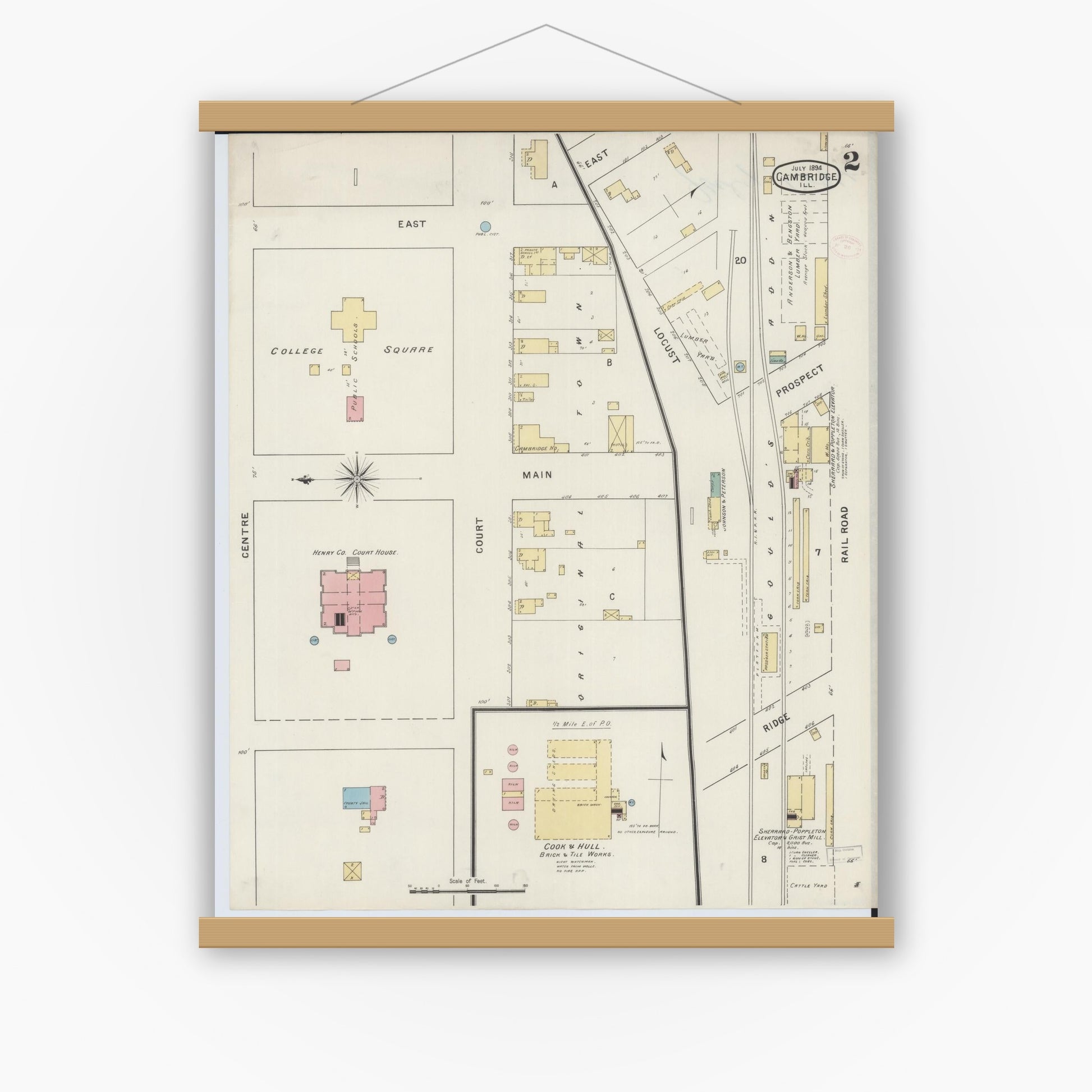 Old map wall art mockup — magnetic wood frame on white wall — Sanborn Fire Insurance Map from Cambridge, Henry County, Illinois (1894), Sheet #0002