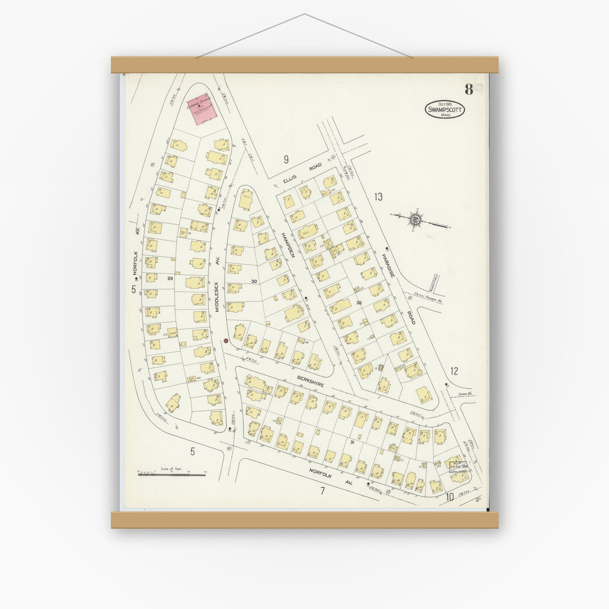 Old map wall art mockup — magnetic wood frame on white wall — Sanborn Fire Insurance Map from Swampscott, Essex County, Massachusetts (1913), Sheet #0008