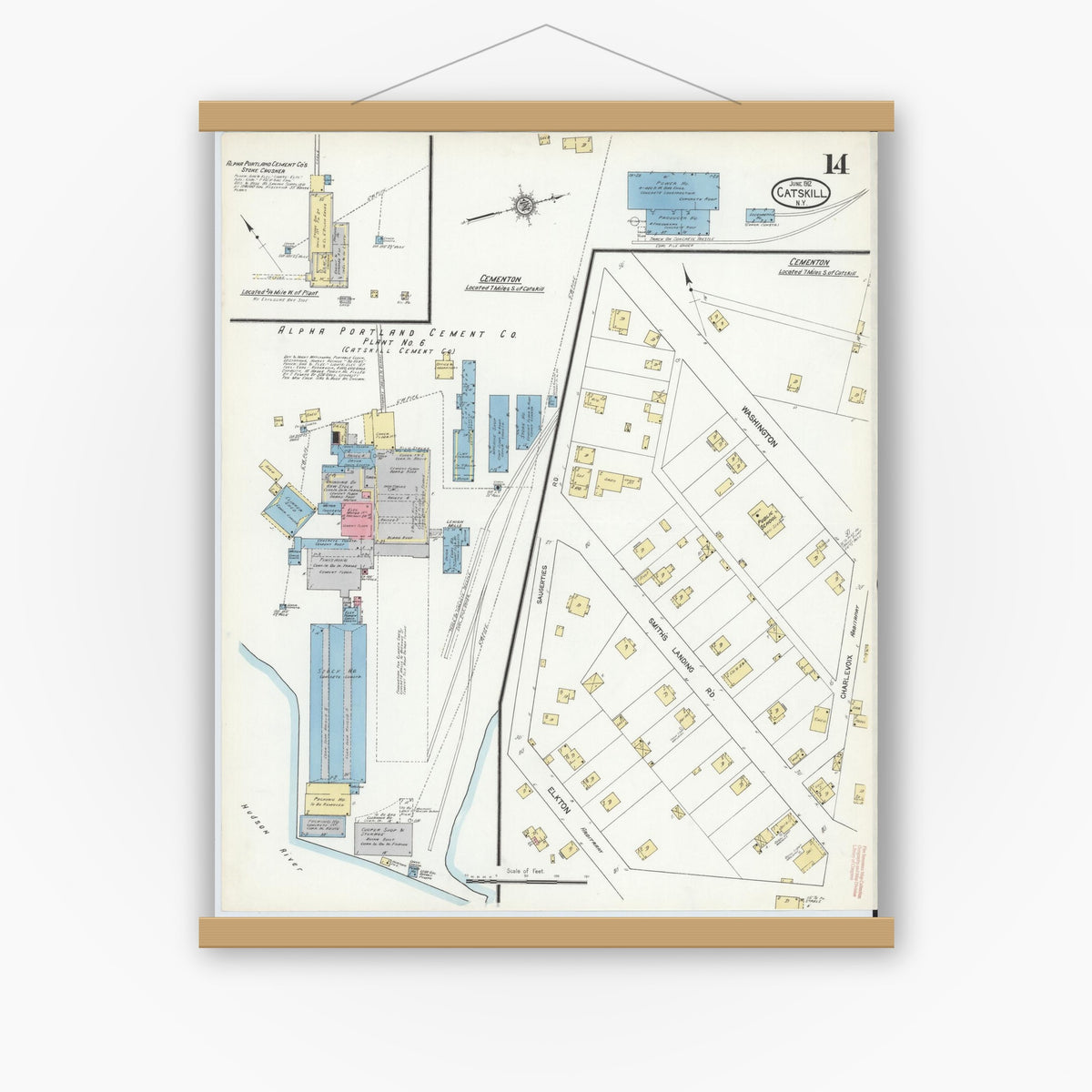 Old map wall art mockup — magnetic wood frame on white wall — Sanborn Fire Insurance Map from Catskill, Greene County, New York (1912), Sheet #0014