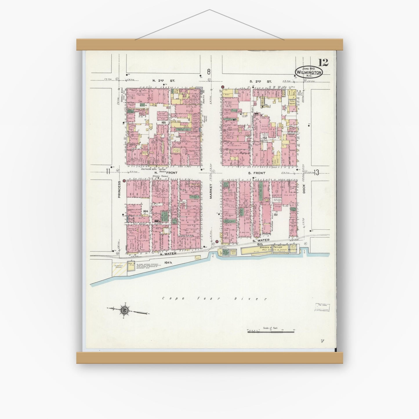 Old map wall art mockup — magnetic wood frame on white wall — Sanborn Fire Insurance Map from Wilmington, New Hanover County, North Carolina (1910), Sheet #0012