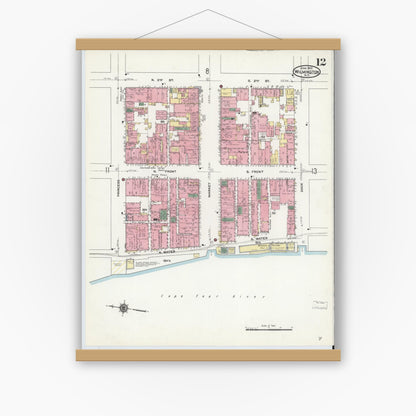 Old map wall art mockup — magnetic wood frame on white wall — Sanborn Fire Insurance Map from Wilmington, New Hanover County, North Carolina (1910), Sheet #0012