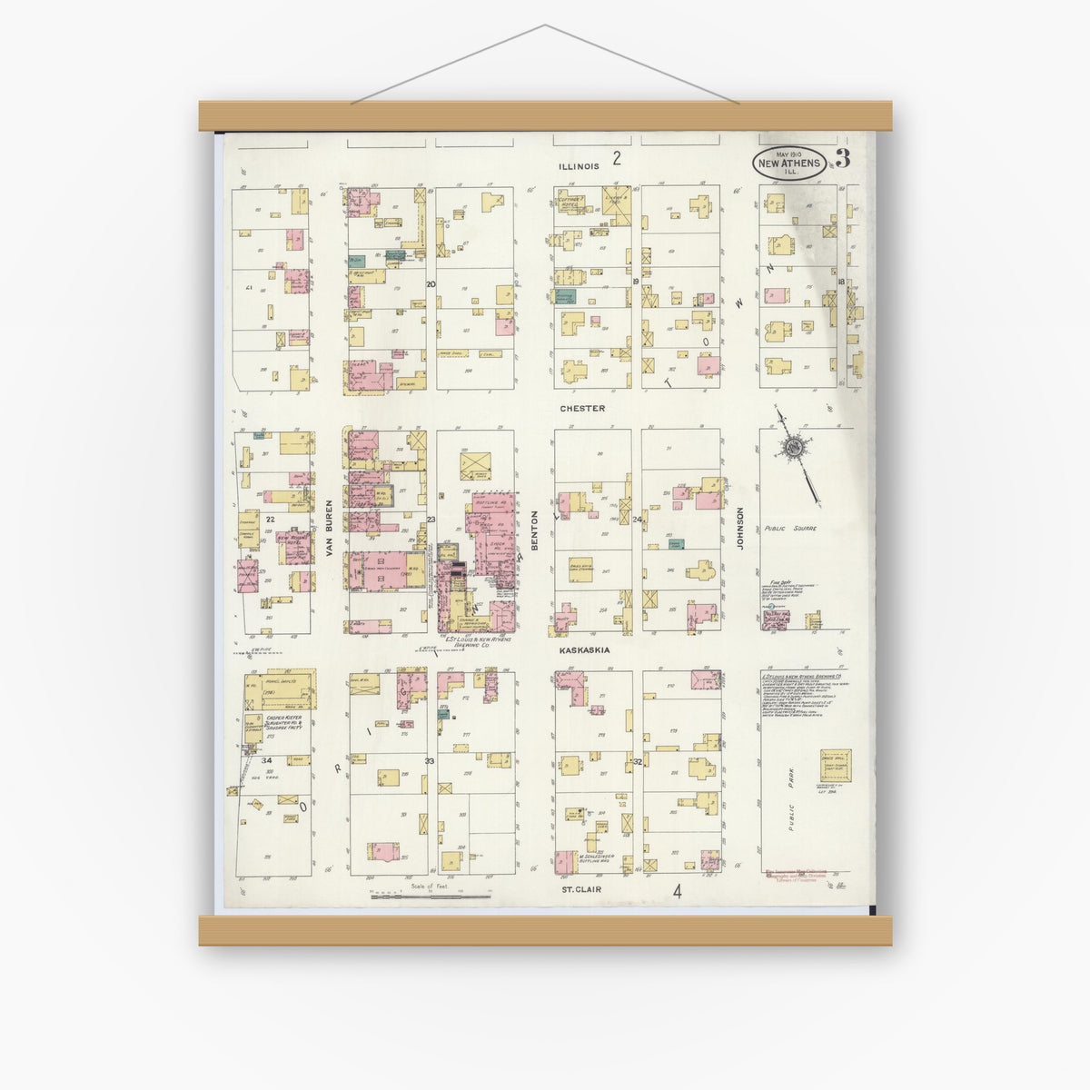 Old map wall art mockup — magnetic wood frame on white wall — Sanborn Fire Insurance Map from New Athens, Saint Clair County, Illinois (1910), Sheet #0003
