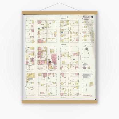 Old map wall art mockup — magnetic wood frame on white wall — Sanborn Fire Insurance Map from New Athens, Saint Clair County, Illinois (1910), Sheet #0003