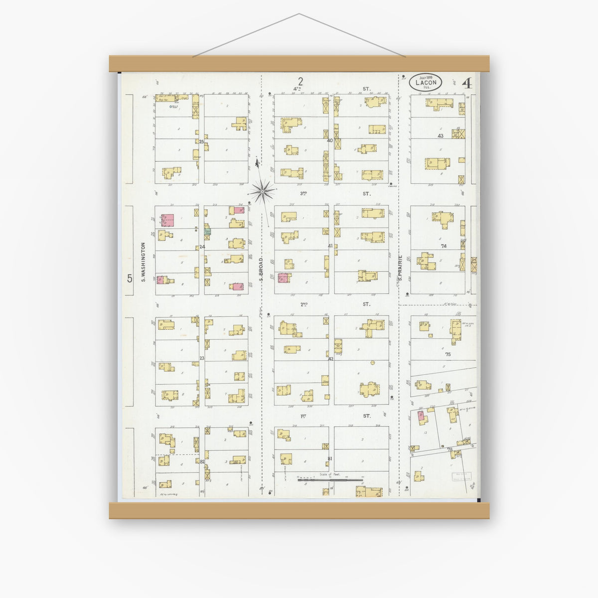 Old map wall art mockup — magnetic wood frame on white wall — Sanborn Fire Insurance Map from Lacon, Marshall County, Illinois (1899), Sheet #0004
