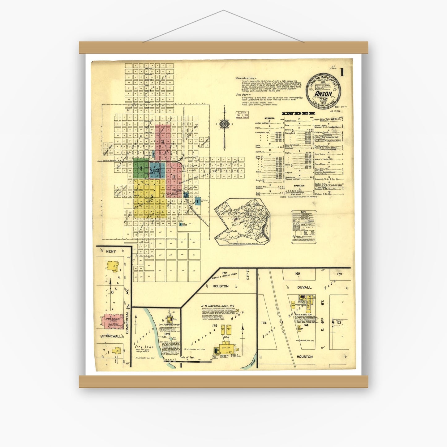 Old map wall art mockup — magnetic wood frame on white wall — Sanborn Fire Insurance Map from Anson, Jones County, Texas (1914), Sheet #0001