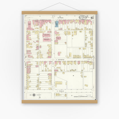 Old map wall art mockup — magnetic wood frame on white wall — Sanborn Fire Insurance Map from Gettysburg, Adams County, Pennsylvania (1912), Sheet #0012
