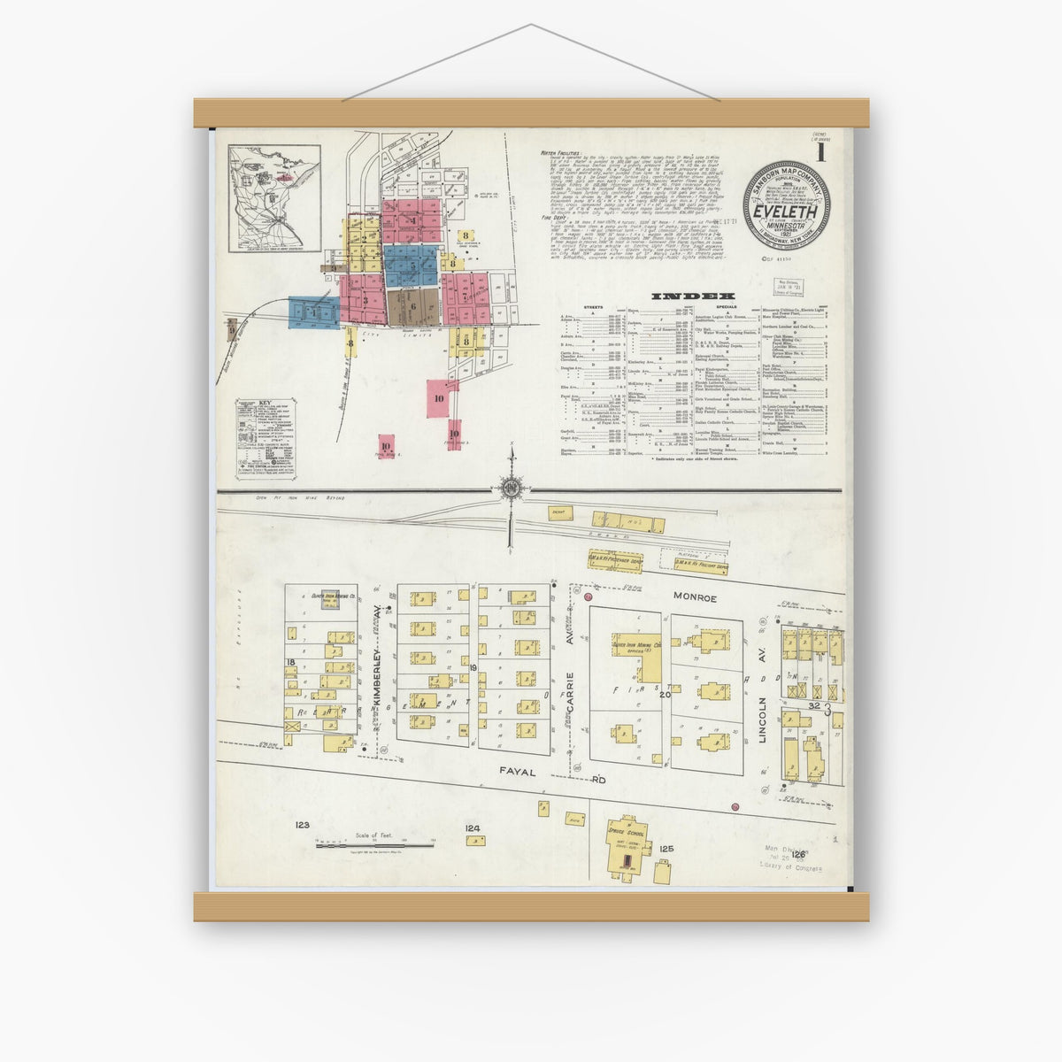 Old map wall art mockup — magnetic wood frame on white wall — Sanborn Fire Insurance Map from Eveleth, Saint Louis County, Minnesota (1921) - Complete Map Set