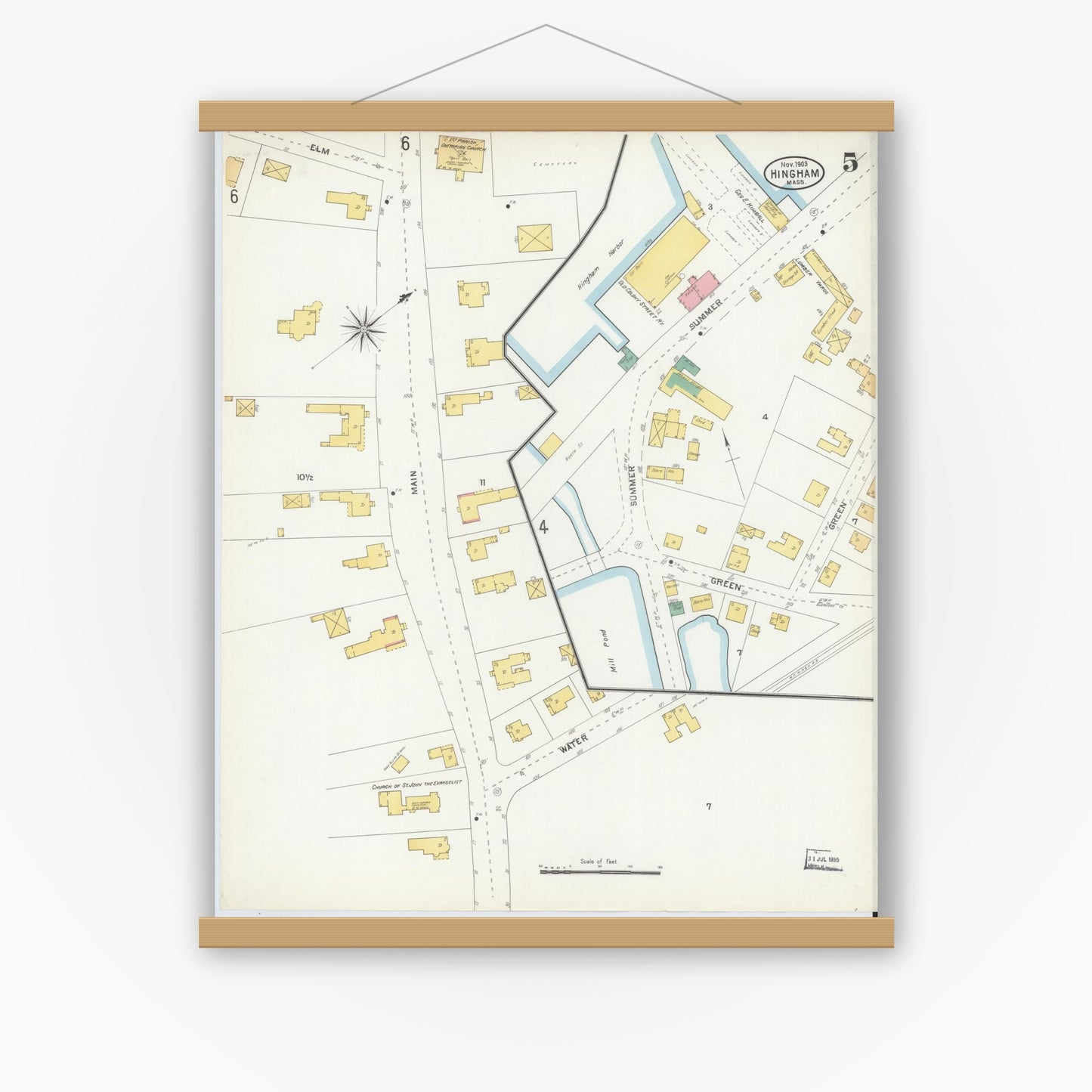 Old map wall art mockup — magnetic wood frame on white wall — Sanborn Fire Insurance Map from Hingham, Plymouth County, Massachusetts (1903), Sheet #0005