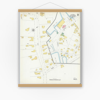 Old map wall art mockup — magnetic wood frame on white wall — Sanborn Fire Insurance Map from Hingham, Plymouth County, Massachusetts (1903), Sheet #0005