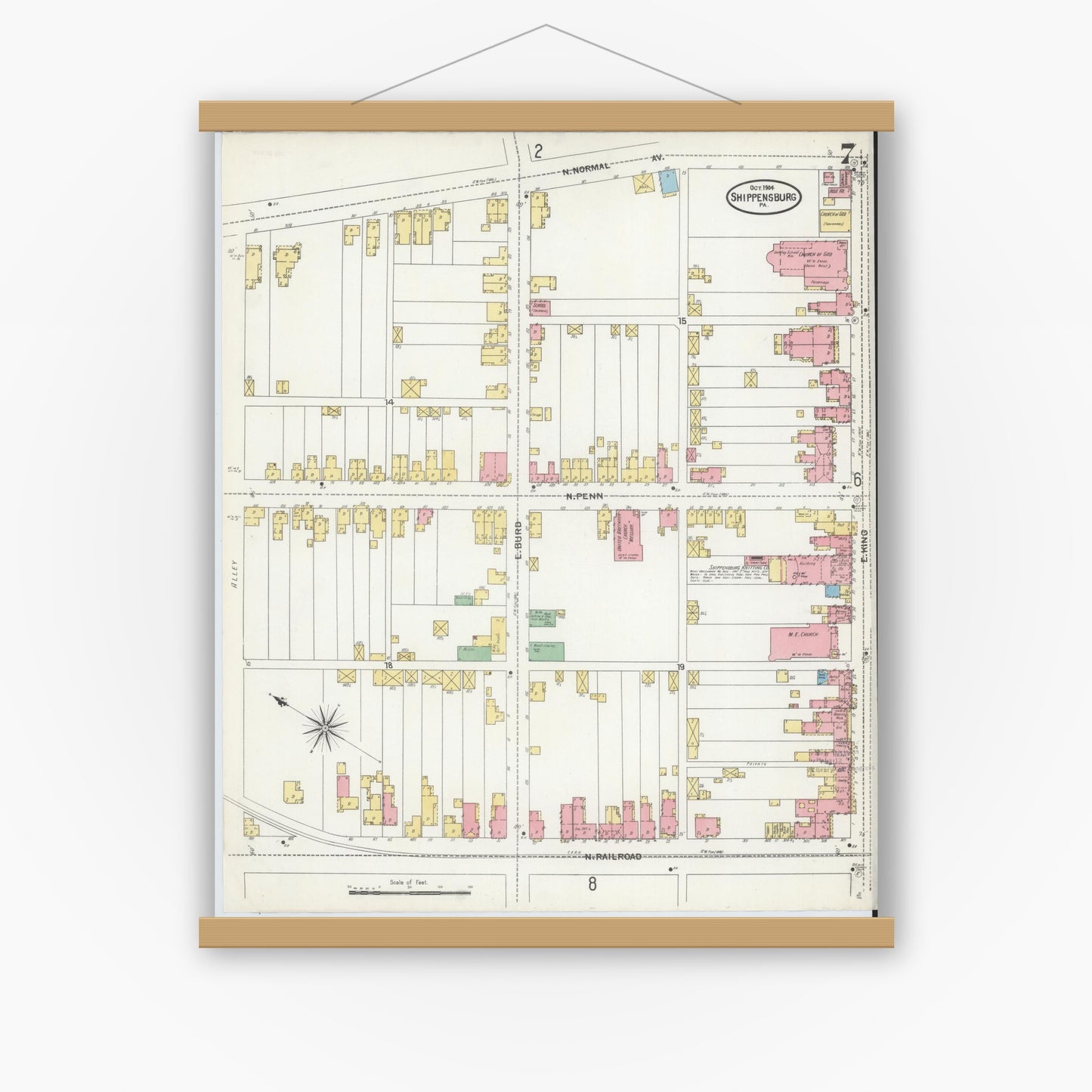 Old map wall art mockup — magnetic wood frame on white wall — Sanborn Fire Insurance Map from Shippensburg, Cumberland And Franklin Counties, Pennsylvania (1904), Sheet #0007