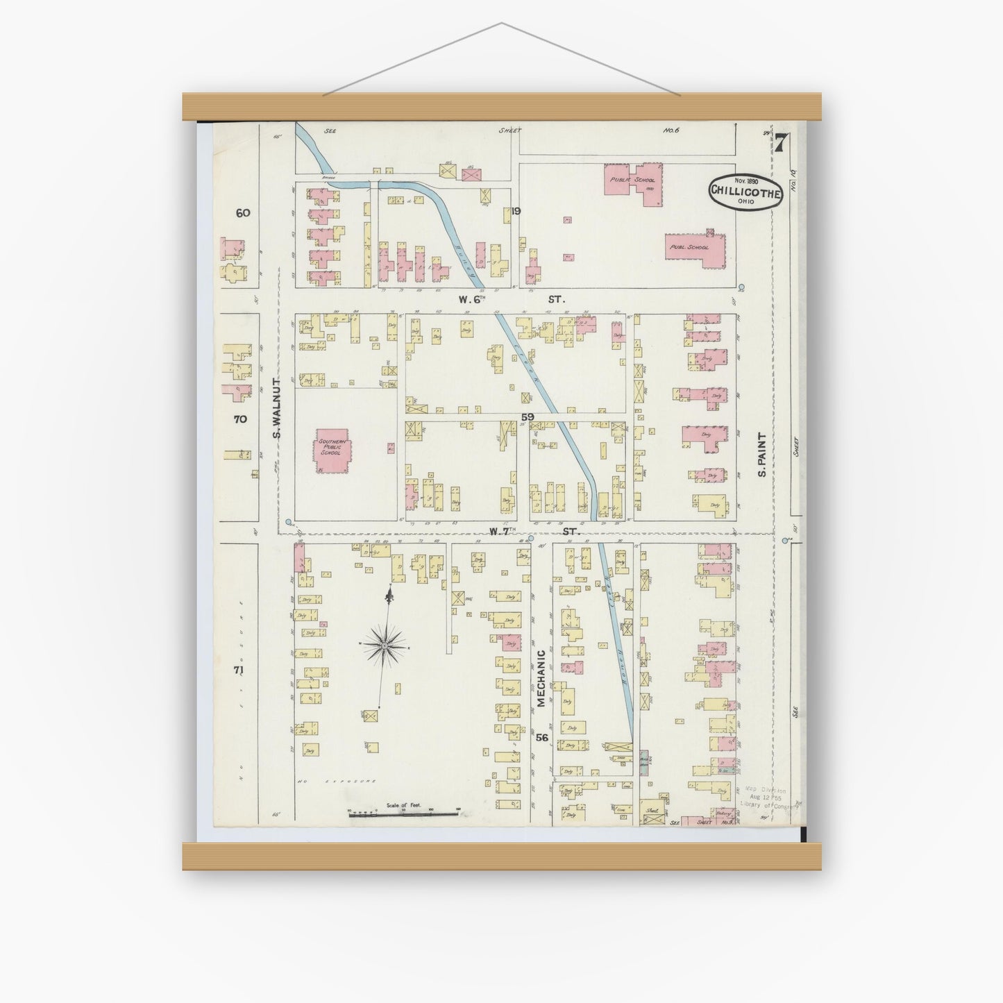 Old map wall art mockup — magnetic wood frame on white wall — Sanborn Fire Insurance Map from Chillicothe, Ross County, Ohio (1890), Sheet #0007