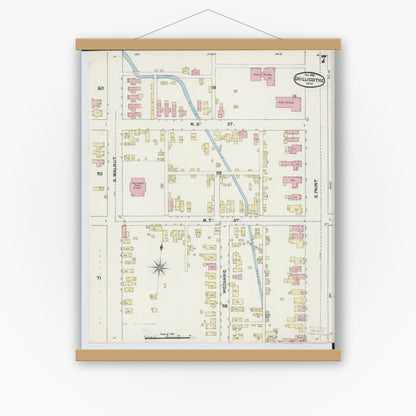 Old map wall art mockup — magnetic wood frame on white wall — Sanborn Fire Insurance Map from Chillicothe, Ross County, Ohio (1890), Sheet #0007