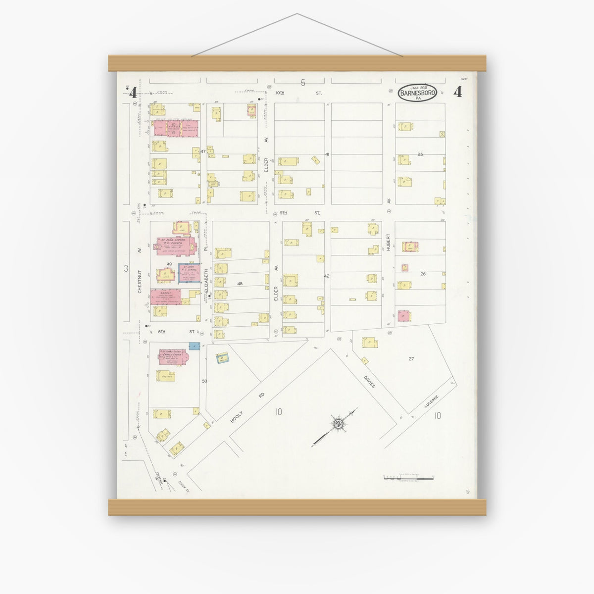 Old map wall art mockup — magnetic wood frame on white wall — Sanborn Fire Insurance Map from Barnesboro, Cambria County, Pennsylvania (1930), Sheet #0004