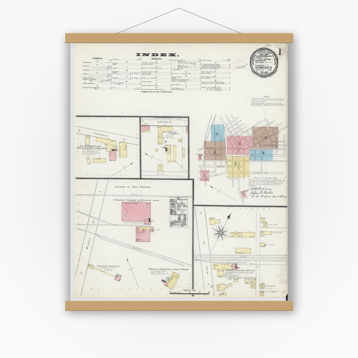 Old map wall art mockup — magnetic wood frame on white wall — Sanborn Fire Insurance Map from Hanover, York County, Pennsylvania (1891), Sheet #0001