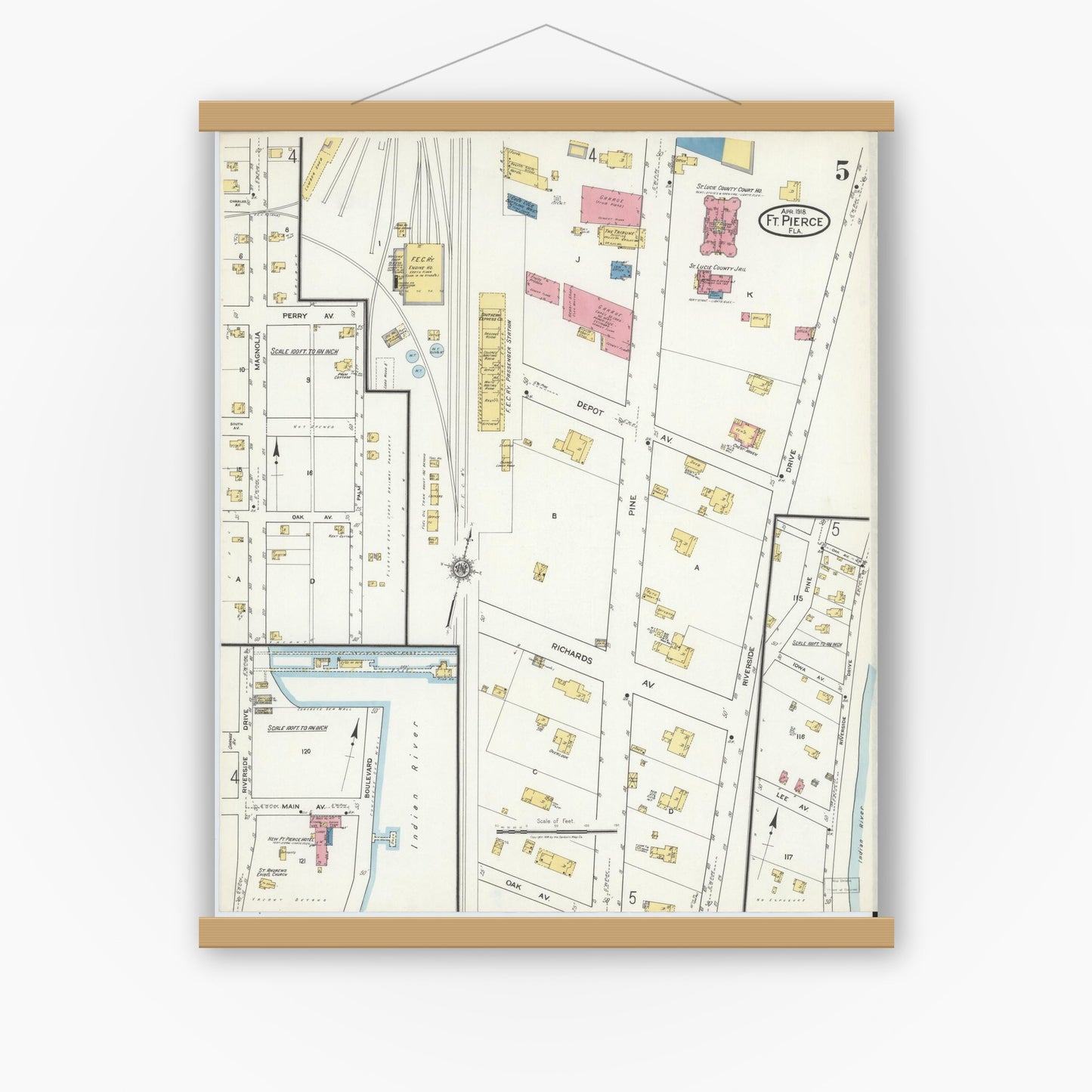 Old map wall art mockup — magnetic wood frame on white wall — Sanborn Fire Insurance Map from Fort Pierce, St Lucie County, Florida (1918), Sheet #0005