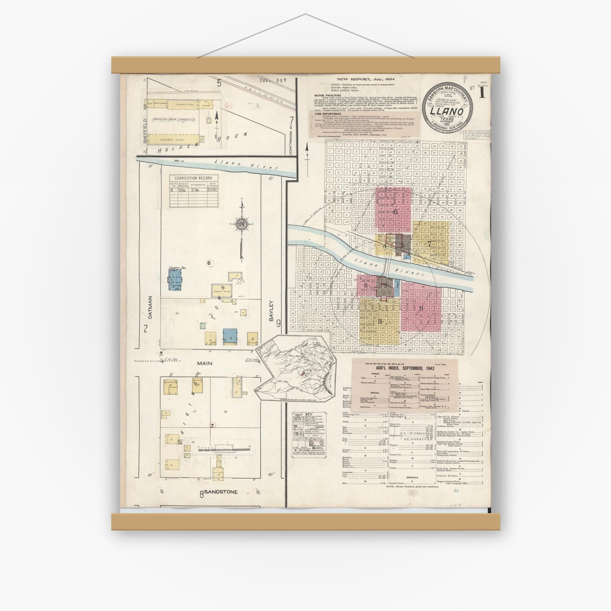 Old map wall art mockup — magnetic wood frame on white wall — Sanborn Fire Insurance Map from Llano, Llano County, Texas (1942) - Complete Map Set