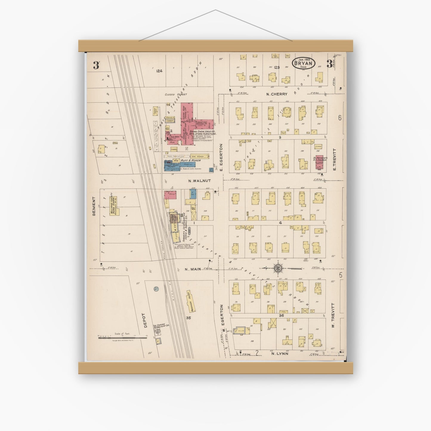 Old map wall art mockup — magnetic wood frame on white wall — Sanborn Fire Insurance Map from Bryan, Williams County, Ohio (1923), Sheet #0003