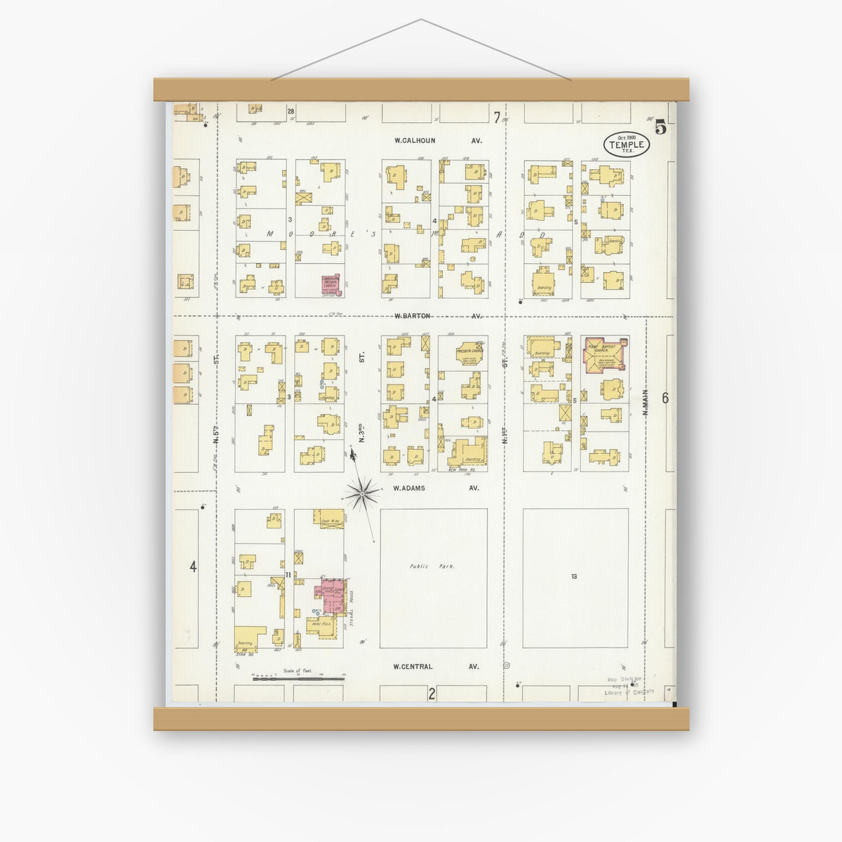 Old map wall art mockup — magnetic wood frame on white wall — Sanborn Fire Insurance Map from Temple, Bell County, Texas (1900), Sheet #0005