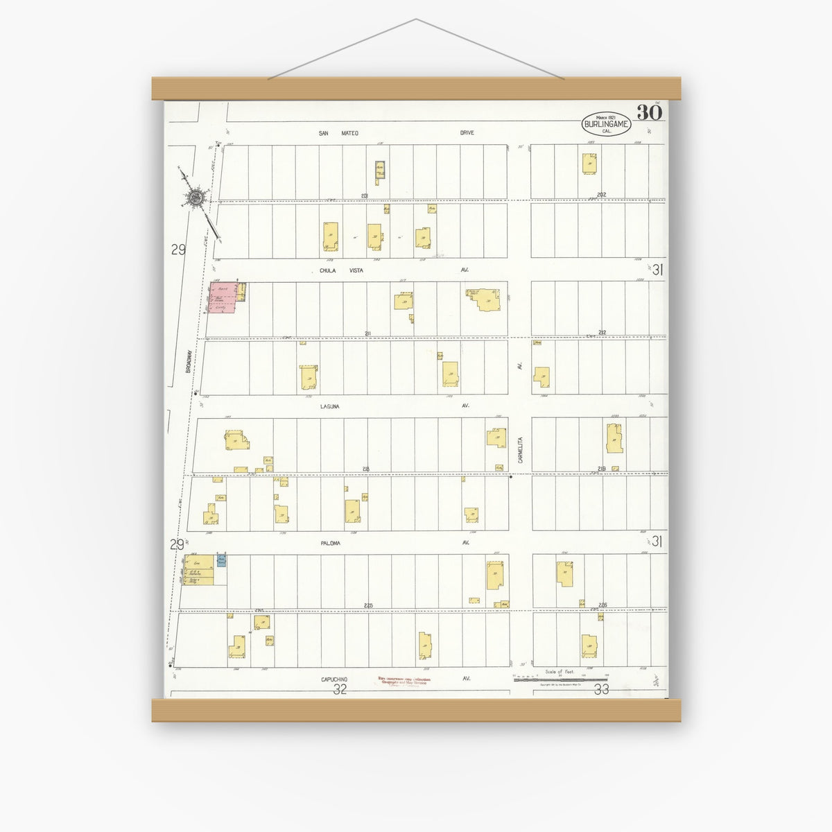 Old map wall art mockup — magnetic wood frame on white wall — Sanborn Fire Insurance Map from Burlingame, San Mateo County, California (1921), Sheet #0030