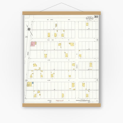 Old map wall art mockup — magnetic wood frame on white wall — Sanborn Fire Insurance Map from Burlingame, San Mateo County, California (1921), Sheet #0030