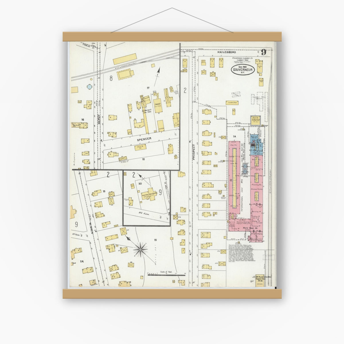 Old map wall art mockup — magnetic wood frame on white wall — Sanborn Fire Insurance Map from Gouverneur, Saint Lawrence County, New York (1905), Sheet #0009
