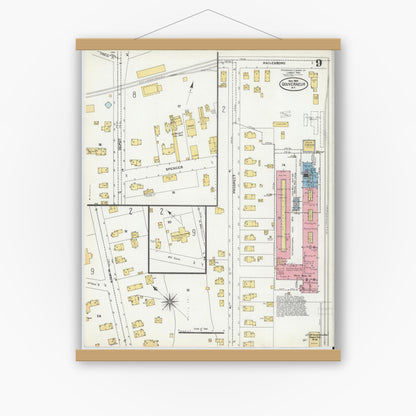 Old map wall art mockup — magnetic wood frame on white wall — Sanborn Fire Insurance Map from Gouverneur, Saint Lawrence County, New York (1905), Sheet #0009