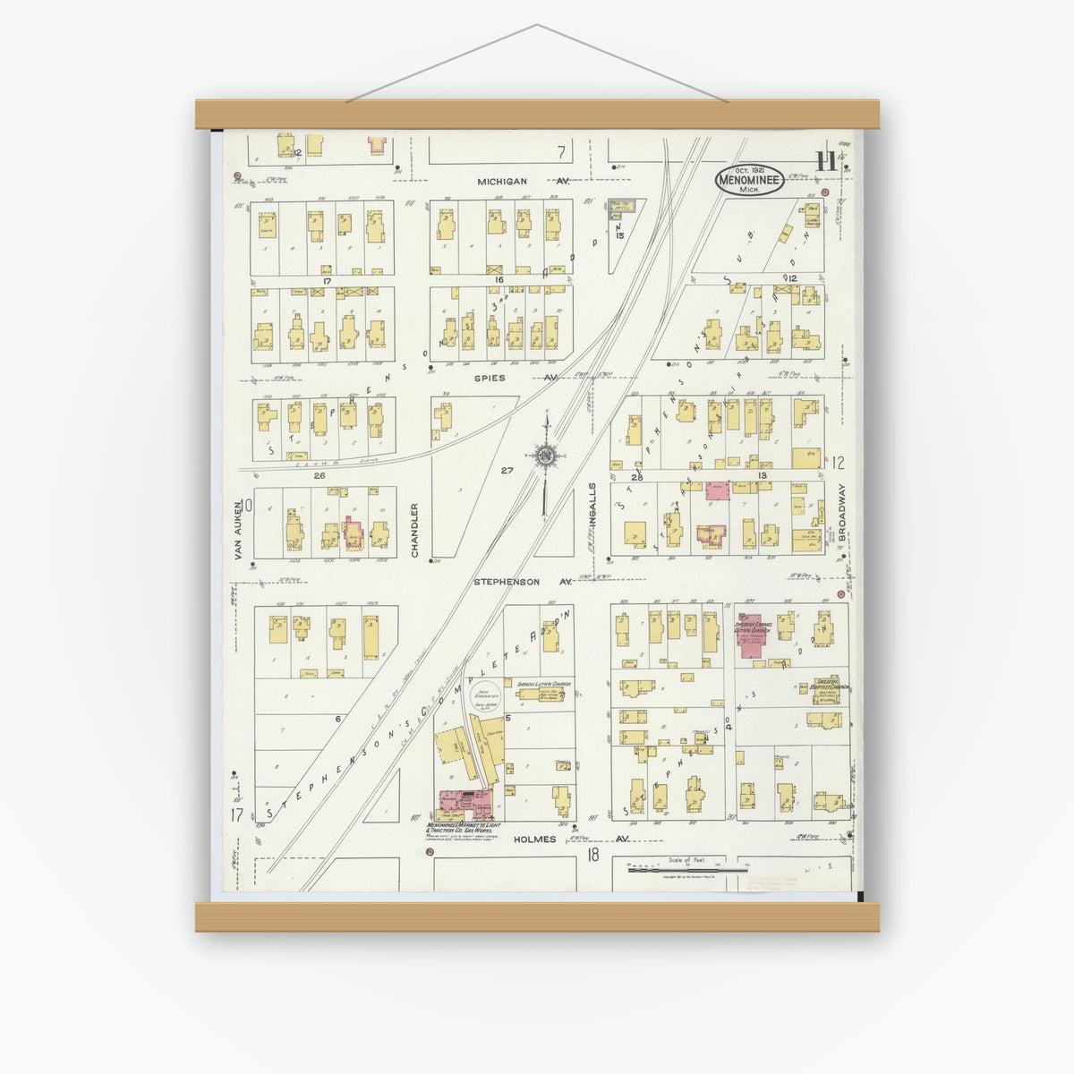 Old map wall art mockup — magnetic wood frame on white wall — Sanborn Fire Insurance Map from Menominee, Menominee County, Michigan (1921), Sheet #0011