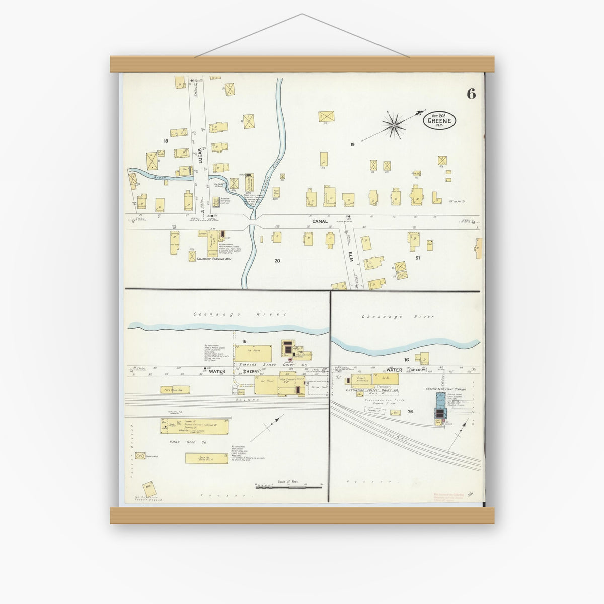 Old map wall art mockup — magnetic wood frame on white wall — Sanborn Fire Insurance Map from Greene, Chenango County, New York (1908), Sheet #0006