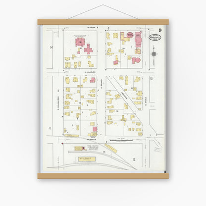 Old map wall art mockup — magnetic wood frame on white wall — Sanborn Fire Insurance Map from Marshall, Calhoun County, Michigan (1916), Sheet #0009