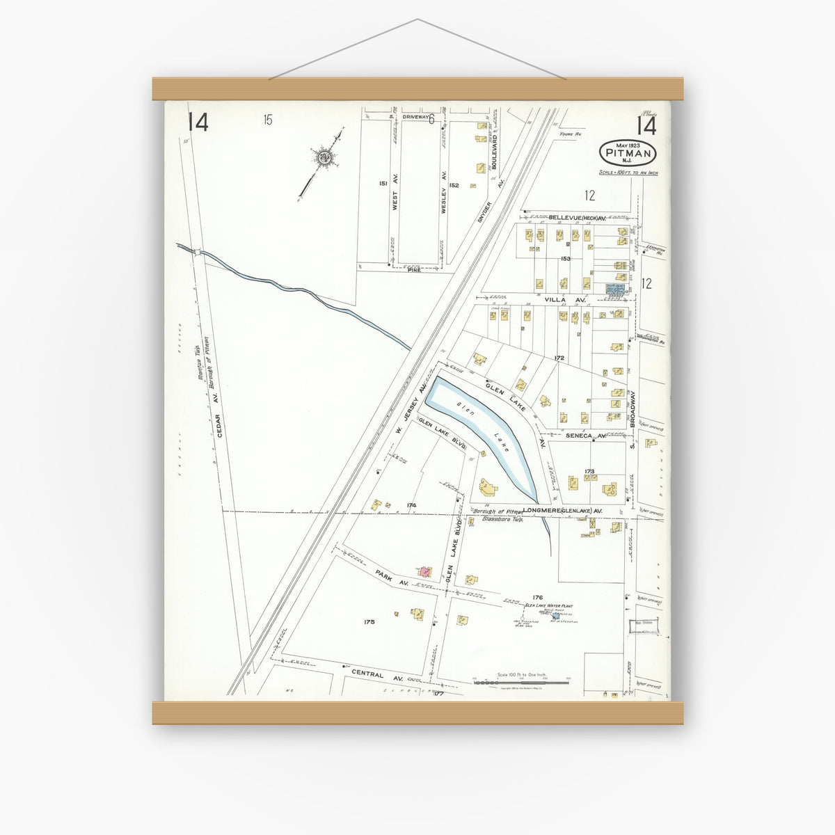 Old map wall art mockup — magnetic wood frame on white wall — Sanborn Fire Insurance Map from Pitman, Gloucester County, New Jersey (1923), Sheet #0014