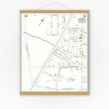 Old map wall art mockup — magnetic wood frame on white wall — Sanborn Fire Insurance Map from Pitman, Gloucester County, New Jersey (1923), Sheet #0014