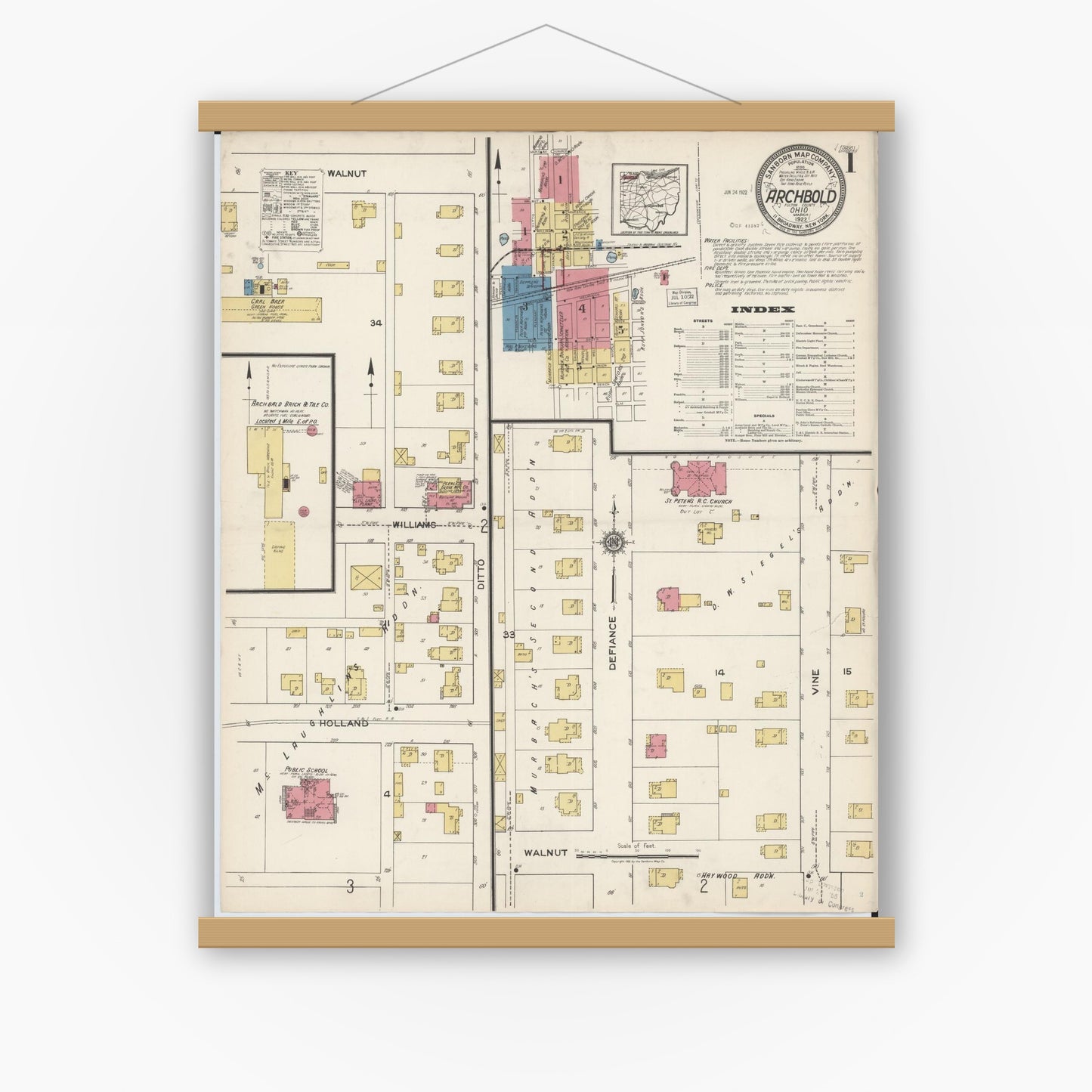 Old map wall art mockup — magnetic wood frame on white wall — Sanborn Fire Insurance Map from Archbold, Fulton County, Ohio (1922), Sheet #0001