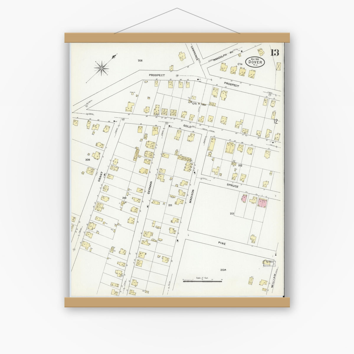 Old map wall art mockup — magnetic wood frame on white wall — Sanborn Fire Insurance Map from Dover, Morris County, New Jersey (1909), Sheet #0013